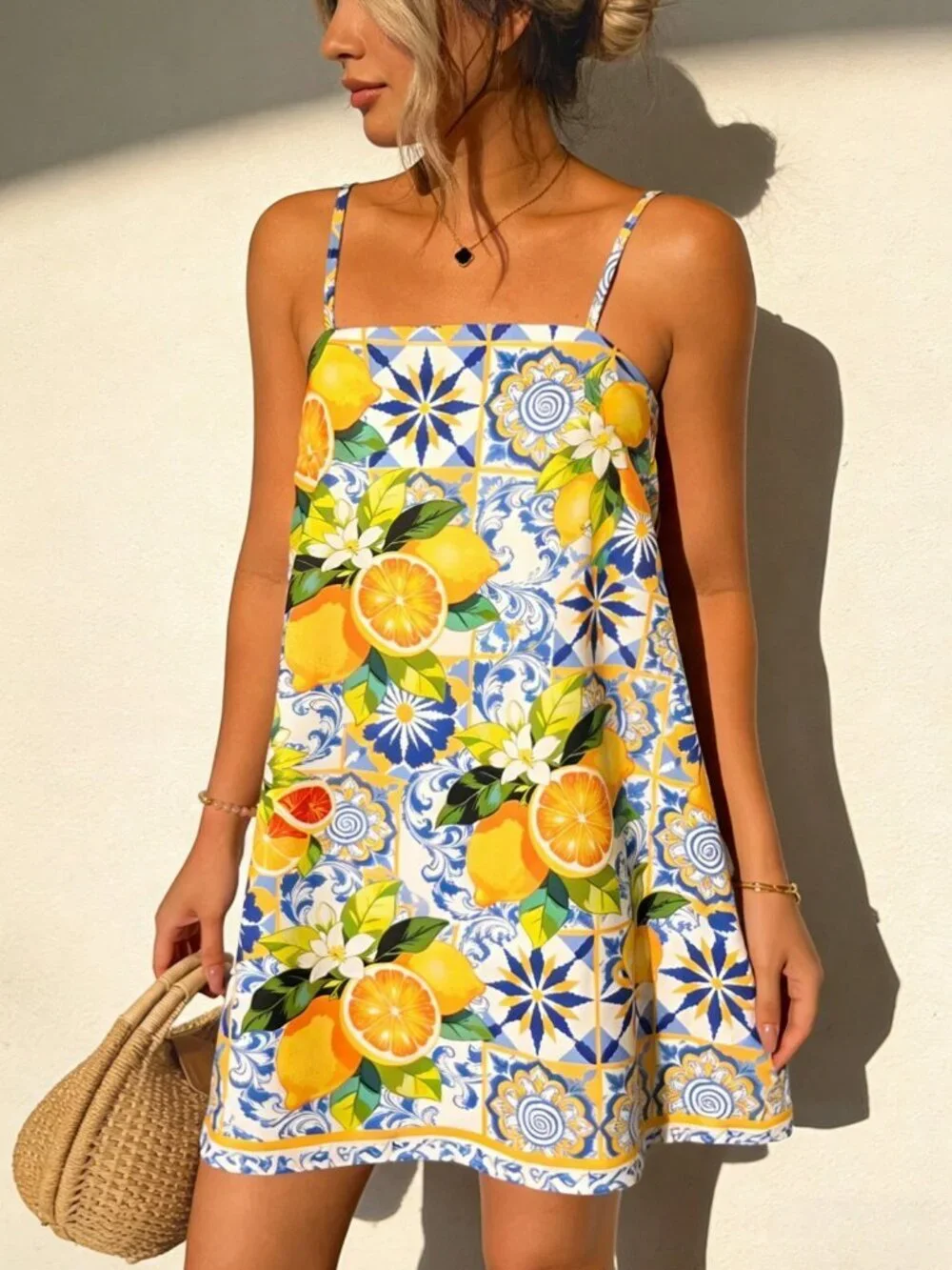 Multicolor Boho Women's Casual Lemon Flower Print Mini Dress